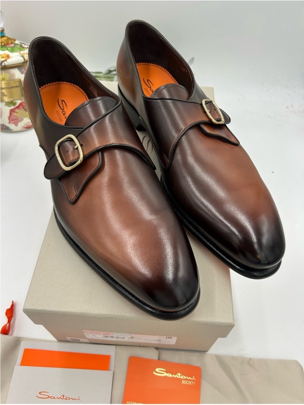 Men’s SANTONI burnished leather, single monk strap dress shoe size 12 US NWT